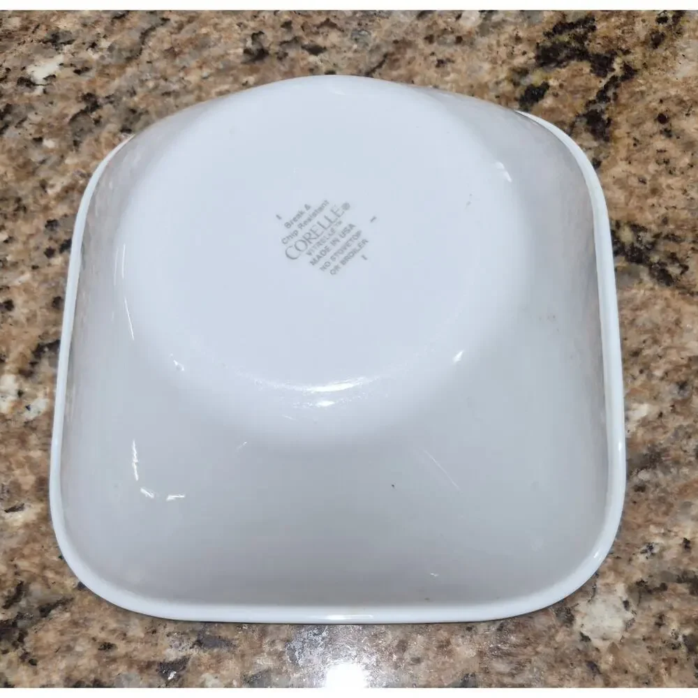 Corelle Soup/Cereal Bowl (Qty 1) White With Green Rim Square Shape